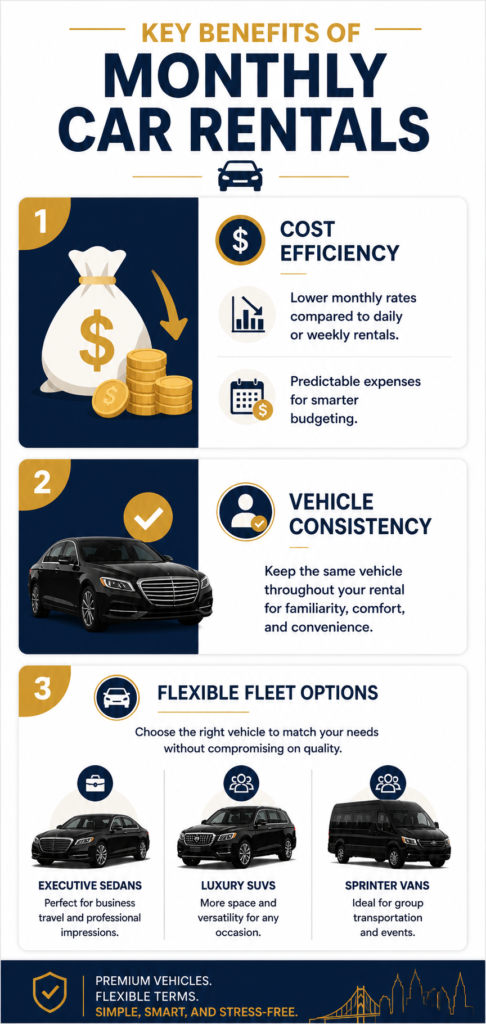 Infographic showing key benefits of monthly car rentals, including cost efficiency, vehicle consistency, and flexible fleet options like executive sedans, luxury SUVs, and sprinter vans.