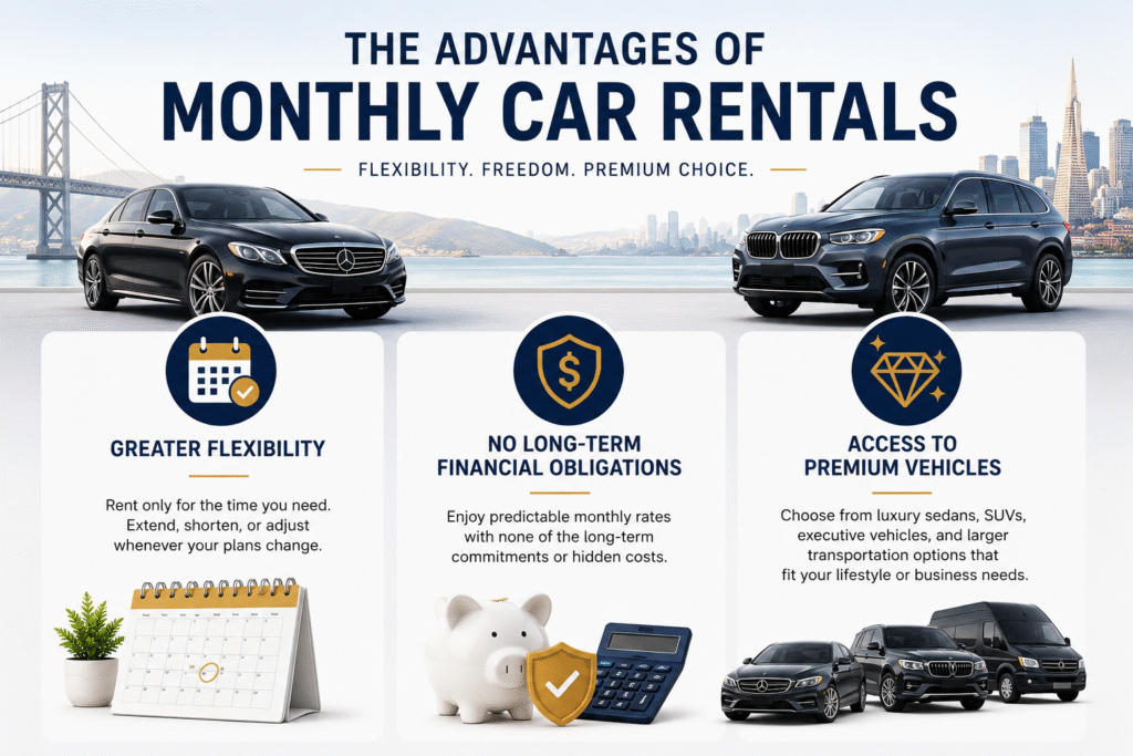 Infographic showing the advantages of monthly car rentals, including greater flexibility, no long-term financial obligations, and access to premium vehicles in Austin