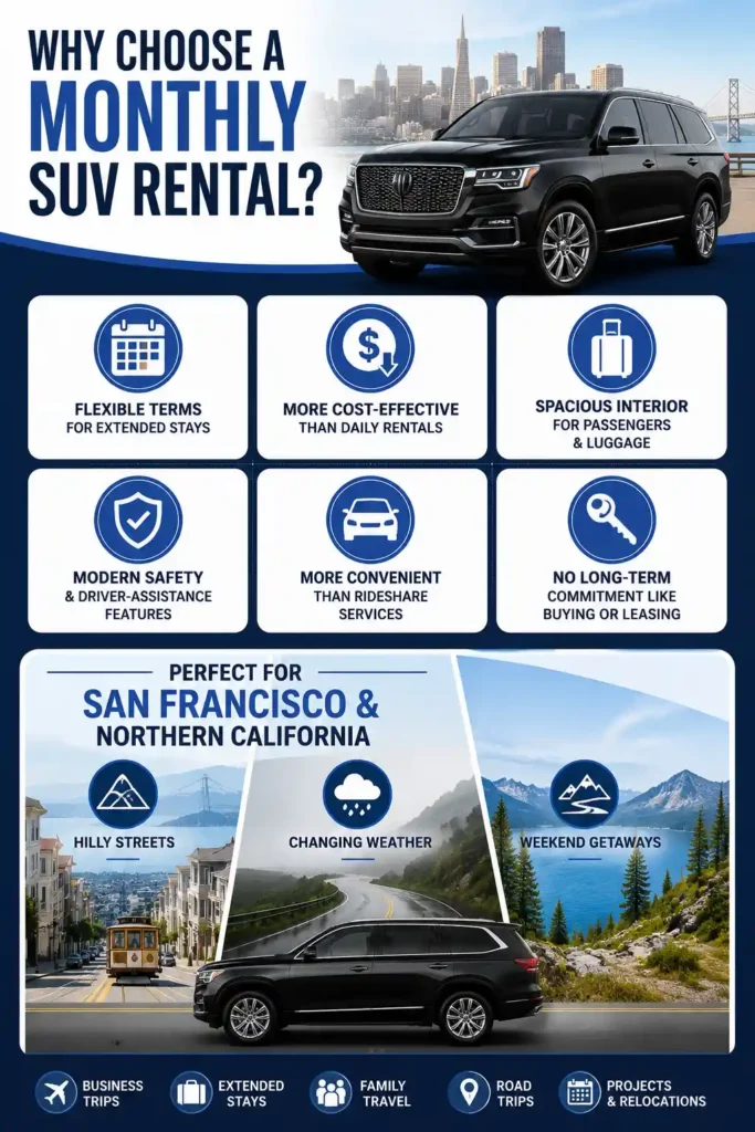 Infographic highlighting the benefits of a monthly SUV rental in San Francisco, including flexible terms, spacious interiors, modern safety features, and convenience for extended stays and Northern California travel.