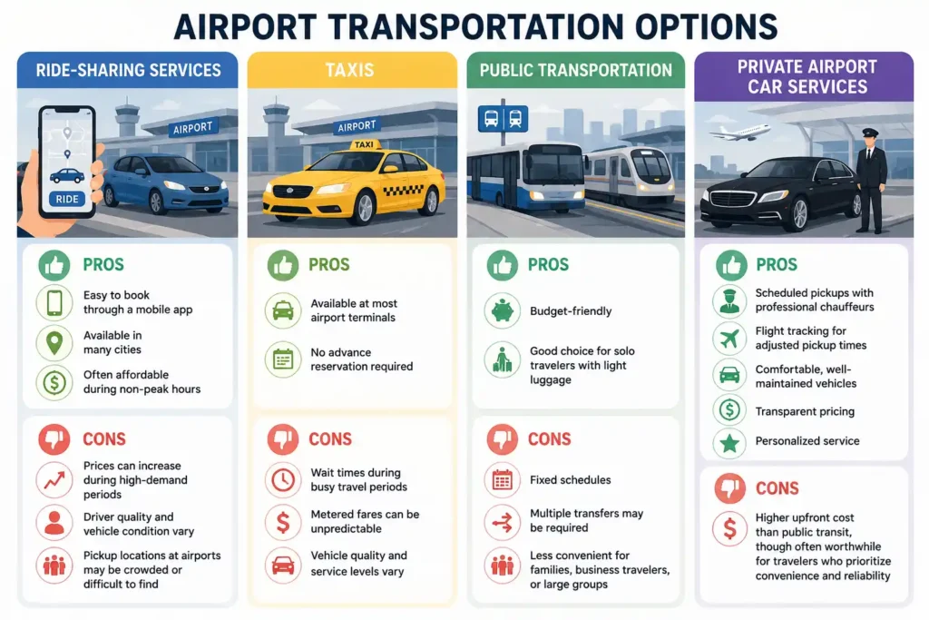 Infographic comparing airport transportation options, including ride-sharing services, taxis, public transportation, and private airport car services, with their pros and cons for stress-free travel.