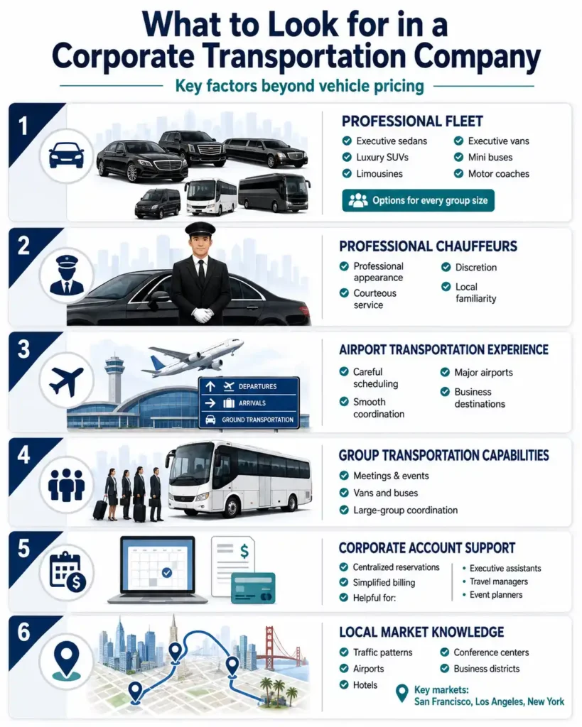 Infographic showing what to look for in a corporate transportation company, including a professional fleet, chauffeurs, airport transportation, group travel capabilities, corporate account support, and local market knowledge.