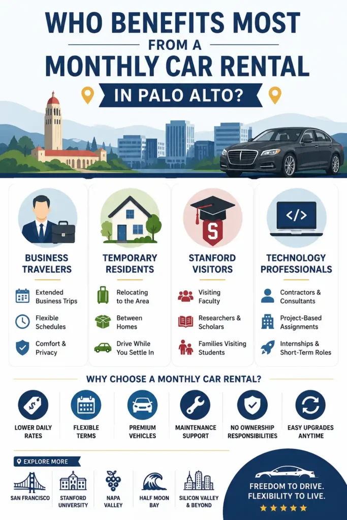 Infographic showing who benefits from monthly car rentals in Palo Alto, including business travelers, temporary residents, Stanford visitors, and technology professionals.