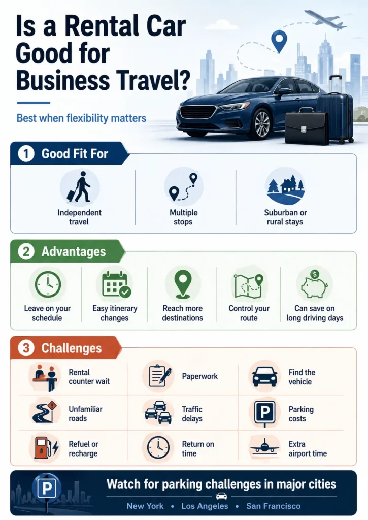 Infographic explaining when a rental car works well for business travel, including schedule flexibility, multiple stops, route control, and challenges such as traffic, parking, paperwork, and refueling.