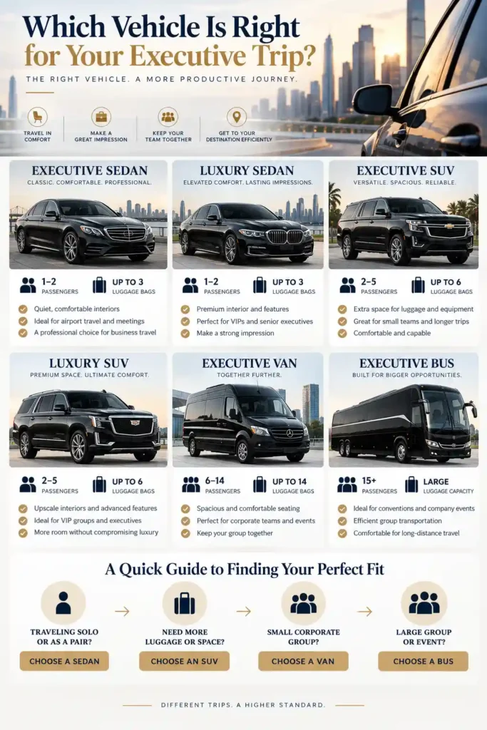 Infographic comparing executive sedans, luxury sedans, SUVs, vans, and buses for different executive travel needs and group sizes.